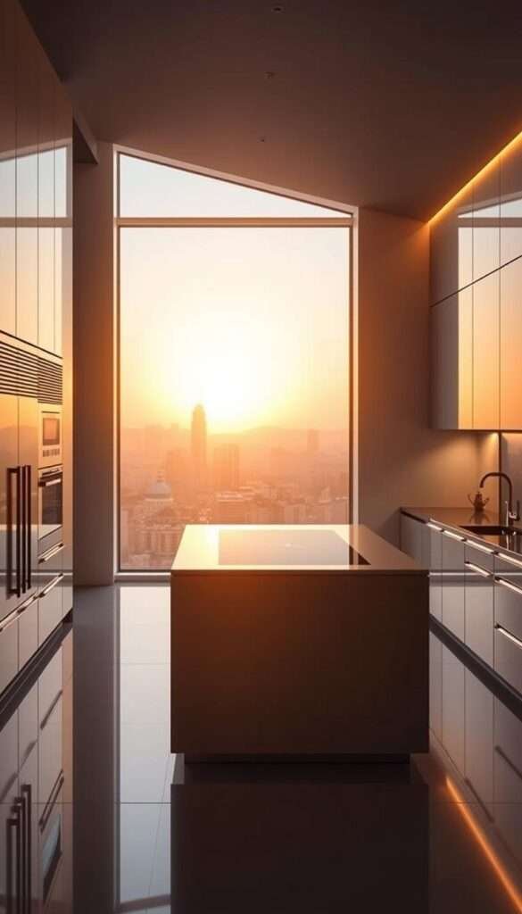 A modern, high-tech kitchen bathed in warm, golden light, symbolizing the culinary future. The sleek, stainless steel appliances and minimalist cabinetry create a streamlined, futuristic aesthetic. A large, panoramic window in the background offers a picturesque view of a serene cityscape, with the setting sun casting a soft, amber glow. Subtle ambient lighting and clean, geometric lines contribute to an atmosphere of sophistication and technological advancement. The kitchen island, equipped with a seamless touchscreen display, stands as the centerpiece, hinting at the integration of smart home features. This scene captures the essence of the smart kitchen revolution, blending cutting-edge design with the promise of a culinary future that is both efficient and visually captivating.