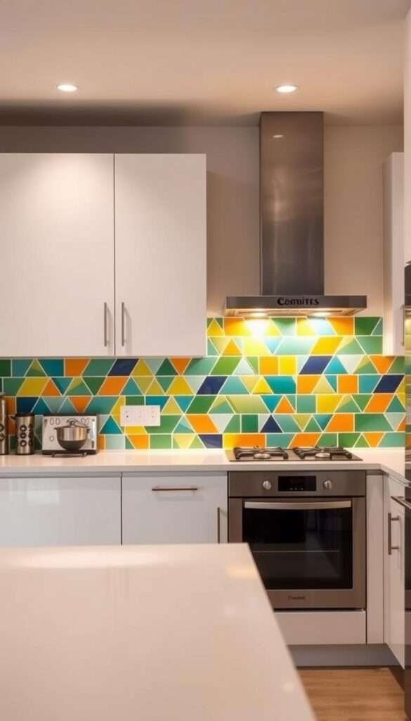 A modern kitchen featuring a bold and vibrant backsplash made of geometric peel-and-stick tiles. The tiles create a striking focal point, their sharp edges and vivid colors adding visual interest to the otherwise neutral-toned space. Warm, directional lighting from above casts a soft glow, highlighting the textural quality of the tiles. The kitchen is well-organized, with sleek appliances and minimalist cabinetry allowing the backsplash to take center stage. A sense of openness and airiness pervades the scene, making it an inviting and renter-friendly space that can be easily customized without the need for a full renovation.