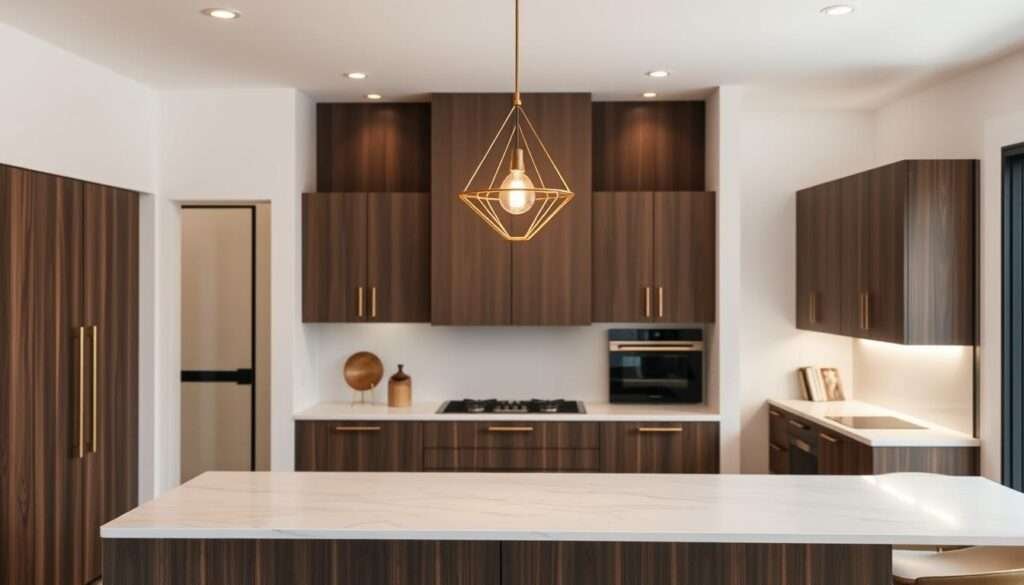 A modern, minimalist kitchen island with a sleek, pendant light fixture hanging above it. The pendant is made of brass or gold-toned metal, with a simple, geometric design that casts a warm, ambient glow. The kitchen island has a clean, white marble or quartz countertop, complemented by dark wood cabinetry and integrated appliances. The lighting is soft and even, creating a cozy, inviting atmosphere. The overall look is a harmonious blend of mid-century modern and Boho-inspired design elements, reflecting a timeless, yet contemporary aesthetic.