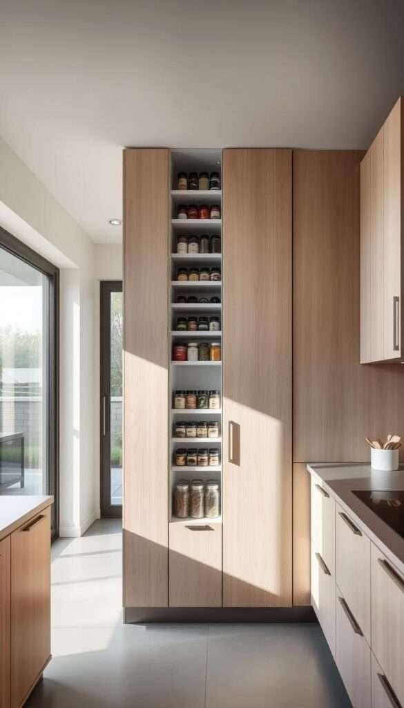 A modern, minimalist kitchen with a clean, airy atmosphere. The focal point is a sleek, vertical storage unit with pull-out spice racks, allowing for efficient organization and easy access to spices and cooking essentials. The kitchen is bathed in soft, natural lighting, with large windows offering a view of a serene outdoor space. The countertops are a muted, neutral tone, complementing the light wood cabinetry and accents. The overall design emphasizes functionality, simplicity, and a sense of tranquility, creating a clutter-free and visually pleasing space.