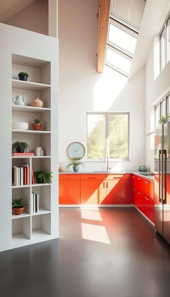 A modern, minimalist kitchen with a playful mix of open cubbies and red cabinets. Sunlight streams in through large windows, casting a warm glow over the sleek, white walls and muted concrete floor. The open cubbies feature a clean, Scandinavian-inspired design, displaying a selection of cookbooks, potted plants, and artful ceramics. Vibrant red cabinets provide a bold contrast, adding a touch of personality to the space. The arrangement creates an inviting, functional flow, blending open and closed storage in a visually captivating way. A sense of balance and harmony pervades the scene, capturing the essence of a small, yet creatively designed kitchen.