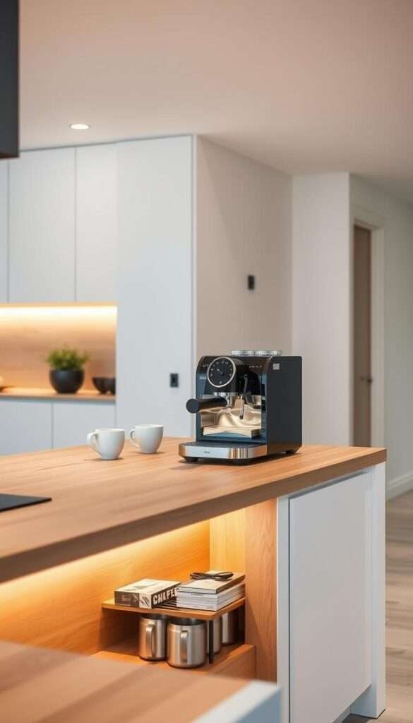 A modern, minimalist kitchen with a streamlined coffee station. In the foreground, a sleek, wooden countertop holds a state-of-the-art espresso machine and a few artful mugs. Beneath the countertop, a hidden cabinet discreetly stores coffee beans, filters, and other essentials, keeping the surface clutter-free. Soft, indirect lighting from recessed fixtures casts a warm glow, creating a cozy, inviting atmosphere. The background features clean, white walls and subtle, monochromatic accents, allowing the coffee station to take center stage. The overall design emphasizes functionality, simplicity, and a harmonious blend of form and function.