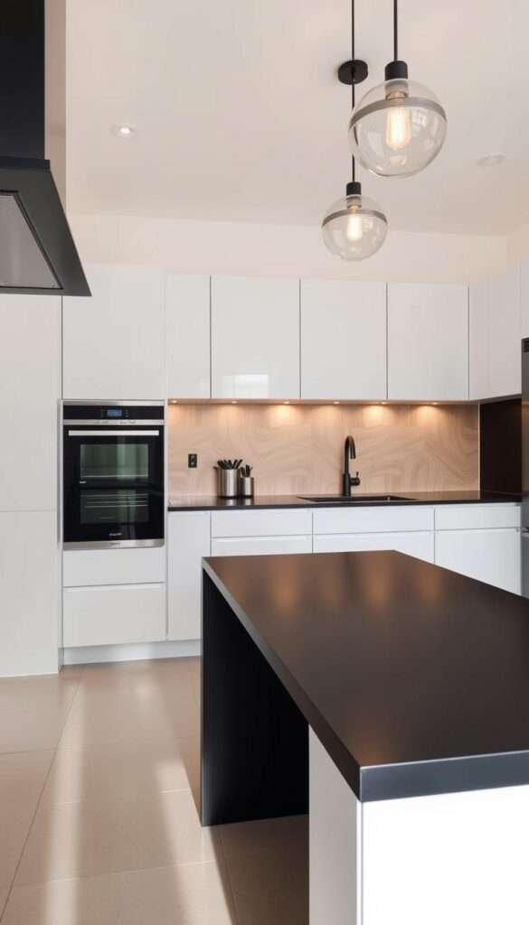 A modern, minimalist kitchen with clean lines and a striking contrast between dark and light elements. The foreground features a sleek, black countertop and integrated appliances, while the middle ground showcases a light-colored wood or quartz backsplash that creates visual interest. The background includes white cabinetry and pendant lighting that casts a warm, atmospheric glow, balancing the overall design. The scene is captured with a wide-angle lens to emphasize the compact, efficient layout, and the lighting is natural, accentuating the crisp, contemporary aesthetic. The overall mood is one of harmonious functionality and sophisticated style.