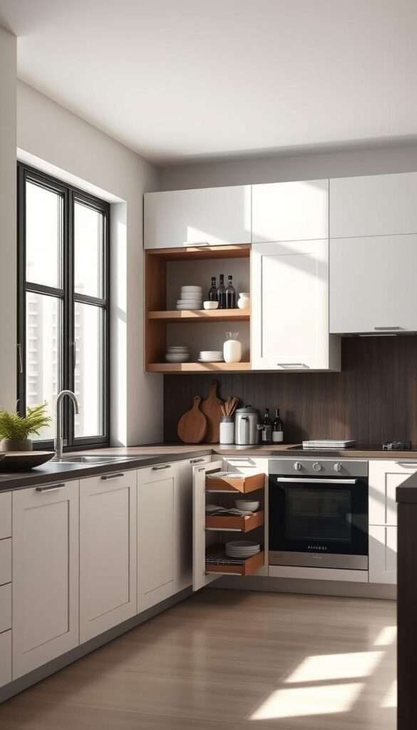 A modern, minimalist kitchen with flat-panel cabinets and sleek, pull-out organizers. The scene is bathed in soft, natural light filtering through large windows, creating a serene and airy atmosphere. The cabinets are a muted, off-white hue, complemented by dark, wooden accents. Nested within the cabinets, the pull-out organizers showcase a variety of kitchen essentials, neatly arranged and easily accessible. The overall composition emphasizes clean lines, uncluttered surfaces, and a focus on functional design, embodying the essence of Scandinavian kitchen aesthetic.