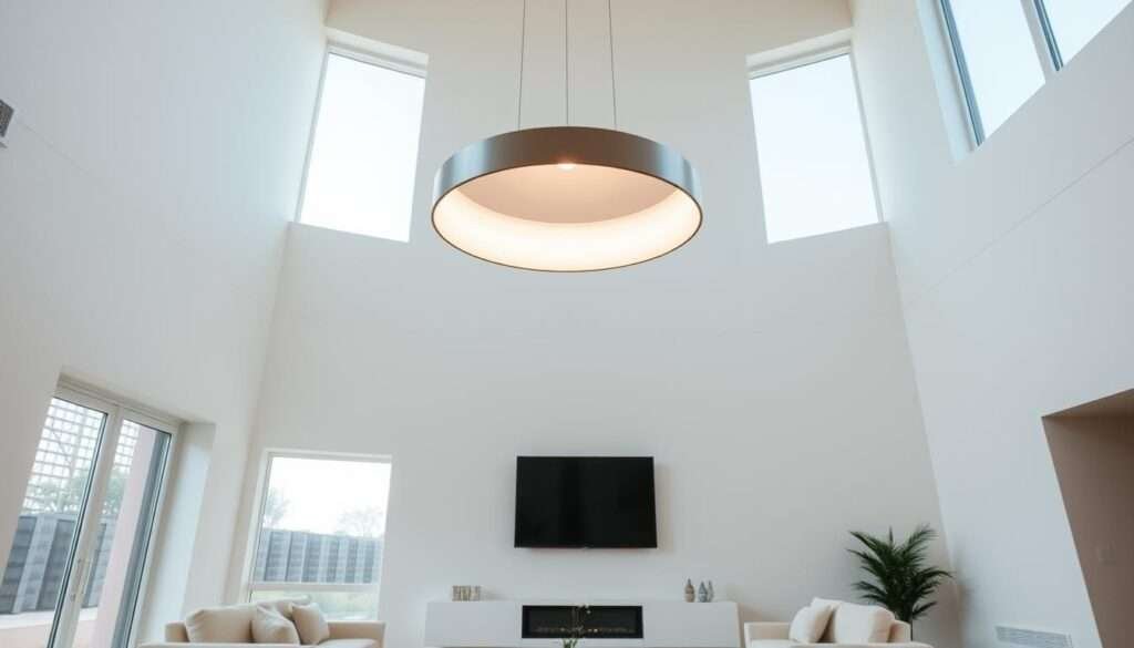 A modern, minimalist living room featuring a striking statement light fixture suspended from the high ceiling. The light casts a warm, ambient glow, illuminating the clean-lined furniture and neutral color palette. Tall windows allow natural light to stream in, creating a tranquil, serene atmosphere. The space is uncluttered, with a focus on simple, elegant design elements. The statement light, a sculptural piece with clean lines and a metallic finish, serves as the room's visual centerpiece, drawing the eye upward and lending an air of sophistication to the overall aesthetic.