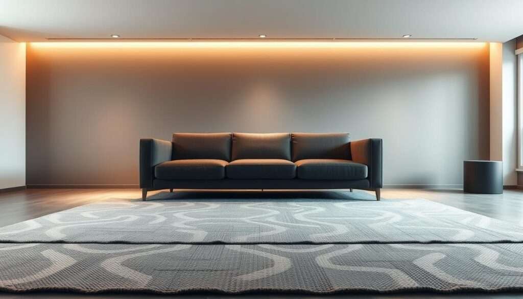 A modern, minimalist living room with a striking statement sofa as the focal point. The sofa, a sleek and sculptural design, is positioned in the center of the frame, bathed in soft, warm lighting that accentuates its clean lines and rich upholstery. The background features muted, neutral-toned walls and a subtle, textured rug, creating a serene and uncluttered atmosphere. The room is framed from a slightly low angle, emphasizing the sofa's prominence and drawing the viewer's eye directly to it. The overall composition is balanced and harmonious, showcasing the sofa as the room's central design element.
