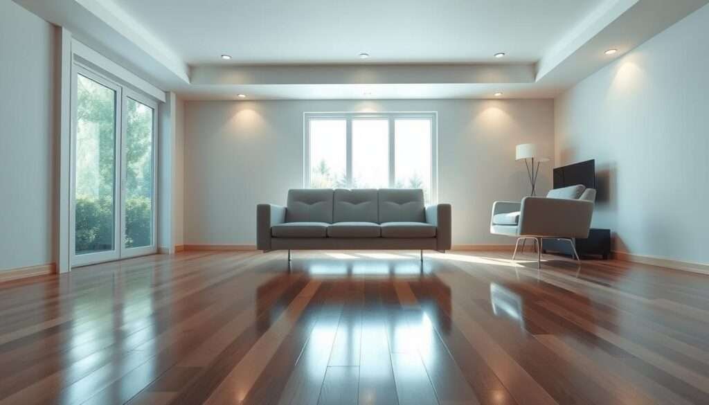 A modern, minimalist living room with clean lines and a serene atmosphere. In the center, a sleek sofa and armchair appear to float effortlessly above the polished wood floor, their forms reflected in the glossy surface. Natural light streams in through large windows, casting a soft glow across the space. Subtle accent lighting emanates from recessed fixtures, highlighting the levitating furniture and creating a sense of weightlessness. The walls are painted in a soothing neutral tone, allowing the floating pieces to take center stage. The overall effect is one of calm, contemporary elegance, perfectly complementing the "Minimalist Living Room Decor" theme.