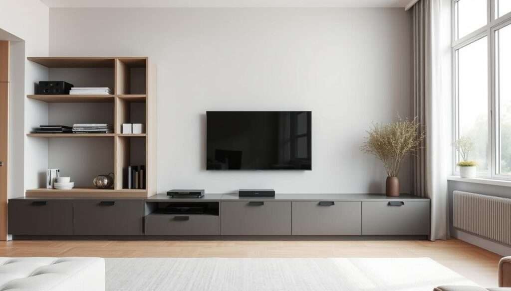 A modern, minimalist living room with cleverly hidden storage solutions. In the foreground, sleek built-in shelves seamlessly integrated into the walls, their contents concealed behind discrete, matte-finish cabinet doors. In the middle ground, a low-profile media cabinet with integrated drawers and cubbies to tuck away electronics and accessories. The background features a neutral color palette of soft grays and whites, accented by natural wood tones, creating a calming, uncluttered ambiance. Diffused, natural lighting filters in through large windows, highlighting the clean lines and functional simplicity of the space.