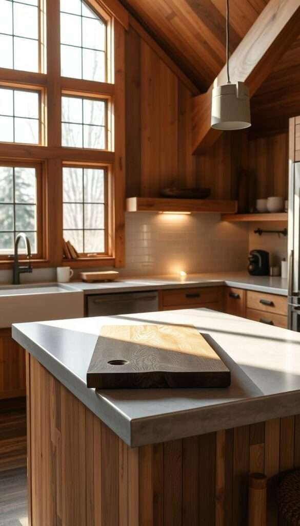 A modern rustic kitchen with a central concrete countertop featuring an integrated wood cutting board. The countertop is illuminated by warm, natural lighting streaming in from large windows, casting a soft glow over the space. The wood and concrete materials create a harmonious blend of organic and industrial elements. The kitchen has a clean, minimalist design with neutral tones and simple, uncluttered cabinetry. The cutting board is positioned prominently, inviting the viewer to imagine meal preparation in this cozy, inviting space. The overall atmosphere is one of warmth, functionality, and a connection to nature.