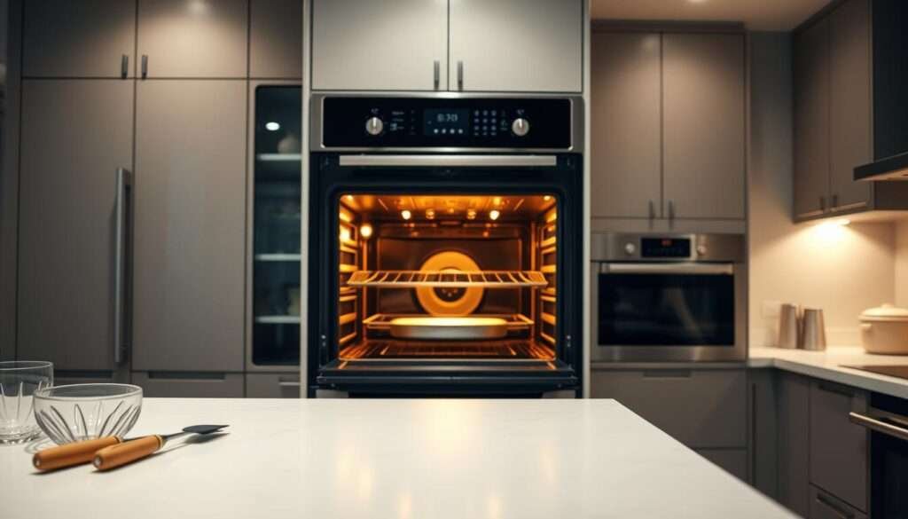 A modern, well-lit kitchen interior with a state-of-the-art oven taking center stage. The oven door is open, revealing the warm, golden glow of the preheated interior. The countertop in the foreground is clean and clutter-free, with a few essential baking tools nearby, hinting at the preparation for a baking session. The background showcases the rest of the kitchen, with sleek, minimalist cabinetry and stainless steel appliances, creating a sense of organization and culinary professionalism. Soft, directional lighting casts a cozy, inviting atmosphere, setting the stage for the perfect baking experience.