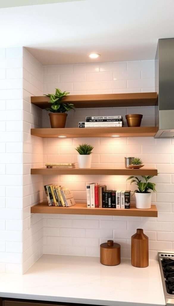 A modern, well-lit kitchen with a custom tile backsplash featuring built-in shelves for storage and display. The backsplash is composed of matte white subway tiles arranged in a clean, geometric pattern, creating a sleek and minimalist aesthetic. Recessed lighting casts a warm, inviting glow, highlighting the shelves adorned with potted plants, cookbooks, and decorative accents. The shelves are made of a durable, natural wood material that contrasts beautifully with the white tiles. The scene exudes a sense of functionality and organization, reflecting the practical needs of a busy lifestyle.