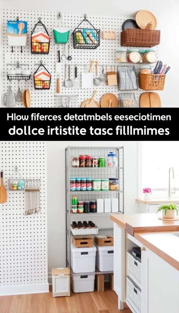 A modern, well-lit kitchen with an assortment of creative storage solutions using inexpensive dollar store items. In the foreground, a pegboard wall displays repurposed organizers, baskets, and hooks holding various kitchen essentials. In the middle ground, a set of tiered wire shelves stores jars, cans, and spices. The background features a minimalist kitchen island with open shelving underneath, showcasing more dollar store containers and crates used for storage. The overall atmosphere is bright, practical, and budget-friendly, highlighting the versatility of simple, low-cost materials in maximizing kitchen organization.