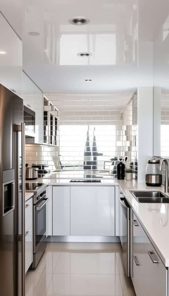 A modern, well-lit kitchen with sleek, mirrored backsplash tiles that create the illusion of a doubled, expansive space. The backsplash reflects the kitchen's bright, natural lighting, bouncing it around the room and giving the impression of greater depth. Stainless steel appliances, clean lines, and a minimalist aesthetic contribute to the airy, spacious feel. The mirrored surface acts as a focal point, drawing the eye and visually enlarging the compact kitchen.