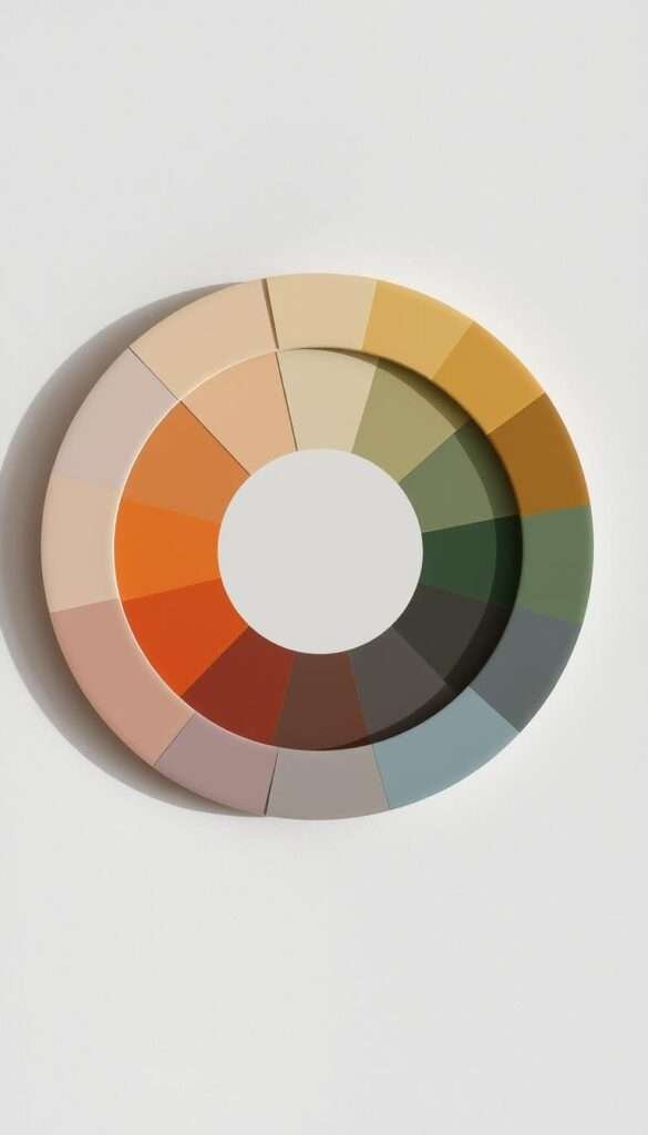 A modified color wheel showcasing desaturated, muted warm and cool tones. The central wheel features a harmonious blend of soft, earthy hues - ochres, terracottas, sage greens, and muted blues. The outer ring frames the wheel with a refined, restrained palette, evoking a sense of tranquility and balance. Lighting is natural, with a soft, diffused glow. The overall composition is minimalist and elegant, emphasizing the nuanced relationships between the colors. This image would provide valuable visual context for understanding how to build a serene, harmonious color palette.