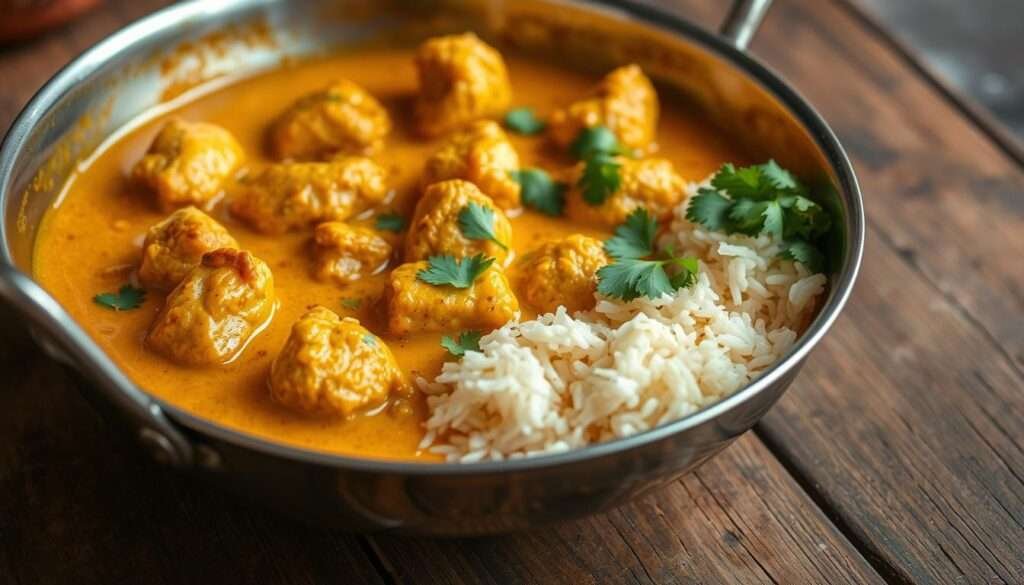 A mouthwatering butter chicken skillet, simmering with aromatic spices and tender chunks of chicken. The golden, creamy sauce glistens in the soft, warm lighting, drawing the eye to the perfectly cooked basmati rice and vibrant cilantro garnish. In the foreground, a steel skillet rests on a rustic wooden table, its worn and weathered surface adding to the comforting, homemade aesthetic. The background is blurred, allowing the focus to remain on the delectable dish, inviting the viewer to imagine the rich, complex flavors and the satisfying texture of each bite.