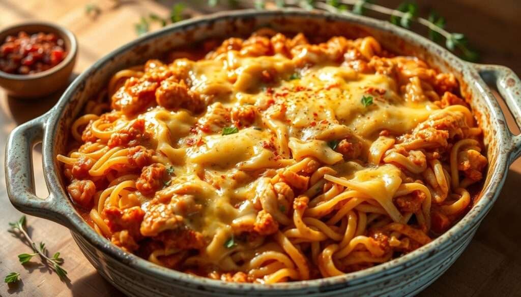A mouthwatering chicken spaghetti casserole, freshly baked in a rustic baking dish. Tender shredded chicken, cooked in a robust, spicy tomato sauce, intertwined with al dente spaghetti noodles. Gooey melted cheddar cheese covers the top, creating a golden-brown crust. Hints of garlic, paprika, and cayenne pepper waft through the air, inviting you in. The casserole is illuminated by natural lighting, casting warm shadows that accentuate its hearty, comfort-food appeal. Placed on a wooden table, surrounded by fresh herbs and a sprinkle of red pepper flakes, this irresistible southern-style dish is ready to be devoured.