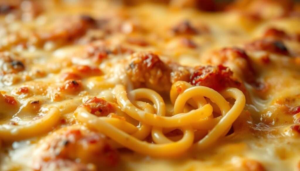 A mouthwatering close-up of a baked spaghetti casserole, its surface a rich, golden-brown crust, glistening with melted cheese. The pasta strands peek through, coated in a creamy, dreamy sauce that beckons the viewer. Wisps of steam rise, hinting at the warmth and comfort within. Ambient lighting casts a soft, inviting glow, drawing the eye to the layers of noodles, cheese, and indulgent béchamel. The image exudes a homey, cozy atmosphere, perfectly capturing the essence of a comforting baked spaghetti dish.