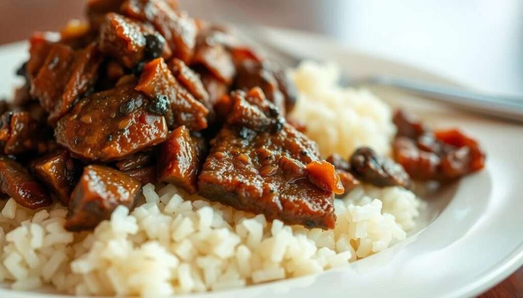 A mouthwatering close-up of a heaping portion of beef and rice, meticulously arranged on a simple white plate. The beef is seared to perfection, with a rich, caramelized exterior and a juicy, tender interior. The fragrant, fluffy white rice is gently nestled alongside, creating a harmonious contrast of textures and flavors. Soft, indirect lighting casts a warm, inviting glow, highlighting the dish's natural colors and appealing aesthetic. The composition is clean, uncluttered, and focused, allowing the viewer to fully appreciate the appetizing simplicity of this classic culinary pairing.