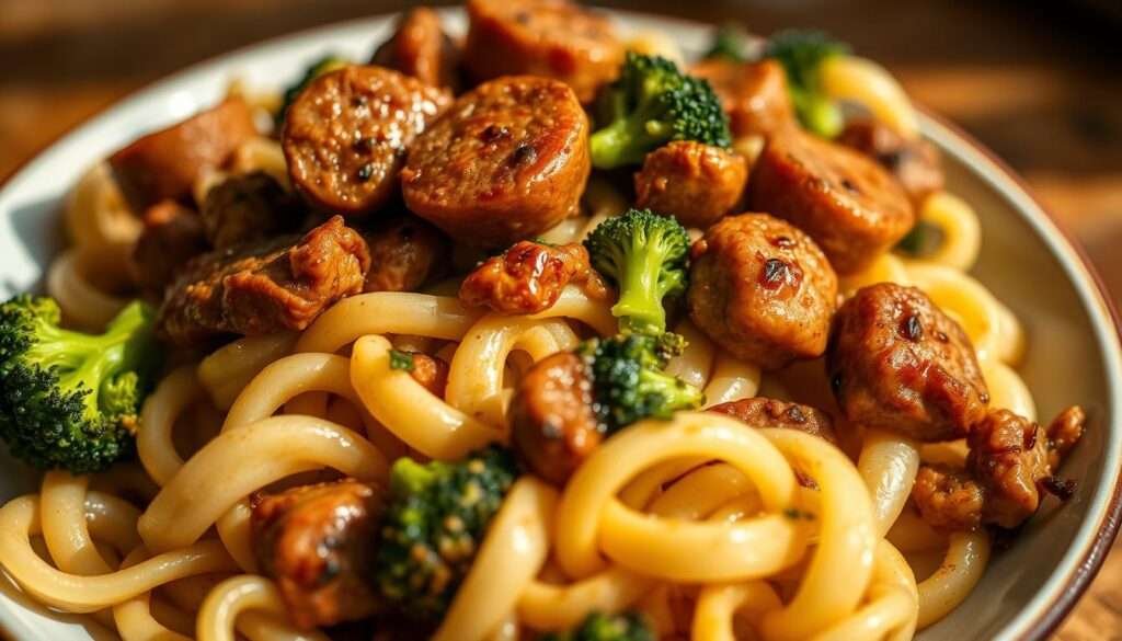 A mouthwatering close-up of orecchiette pasta with crisp sautéed sausage, tender broccoli florets, and a glistening olive oil-based sauce. The pasta is perfectly al dente, with the sausage's savory notes complemented by the broccoli's vibrant green hue. The image is bathed in warm, natural lighting, creating a cozy and inviting atmosphere. The composition focuses on the dish, with a shallow depth of field that gently blurs the background, drawing the viewer's attention to the delectable textures and flavors. This is a comforting, weeknight-ready dish that captures the essence of simple, satisfying home cooking.