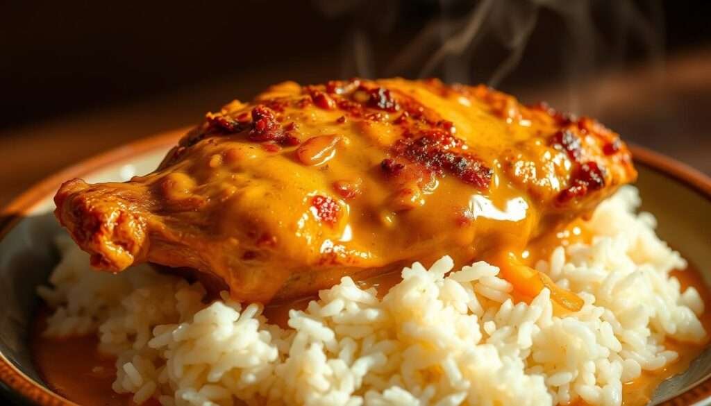 A mouthwatering, creamy smothered chicken, golden-brown with a crispy, seared exterior, nestled atop a fluffy bed of fragrant white rice. The chicken is tenderly cooked, the meat falling off the bone with the slightest touch. Delicate wisps of steam rise from the dish, carrying the aroma of savory spices. Soft shadows cast by warm, directional lighting accentuate the chicken's texture and the creamy sauce pooling around the edges. The image is captured with a shallow depth of field, drawing the viewer's attention to the succulent, glistening chicken as the focal point. The overall mood is comforting, inviting the viewer to dive in and savor every bite of this ultimate, soul-nourishing meal.