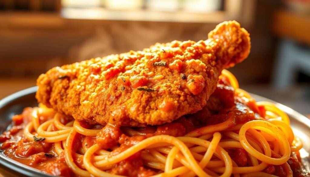 A mouthwatering dish of spicy southern-style fried chicken, freshly cooked with a crispy golden-brown crust, nestled atop a bed of tender spaghetti noodles, covered in a rich, creamy, and subtly spicy tomato-based sauce. The chicken is seasoned to perfection with a blend of classic southern spices, creating a delightful balance of heat and flavor. The scene is bathed in warm, natural lighting, casting a inviting glow on the dish. The camera angles showcase the dish's irresistible presentation, drawing the viewer's attention to the dish's tantalizing details.