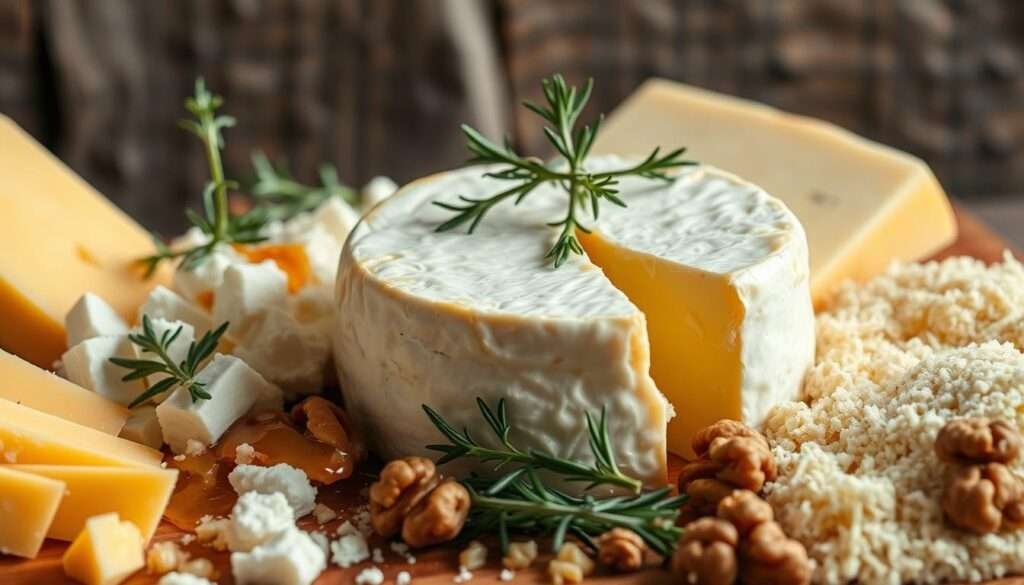 A mouthwatering display of artisanal cheeses in a rustic, well-lit setting. A soft, creamy brie with a golden rind takes center stage, surrounded by sharp cheddar wedges, crumbled feta, and grated parmesan. Sprigs of fresh thyme and rosemary add pops of green, while a drizzle of honey and a scattering of toasted walnuts elevate the flavors. The composition is balanced and inviting, capturing the essence of a cheese board that would pair perfectly with a hearty pasta dish.