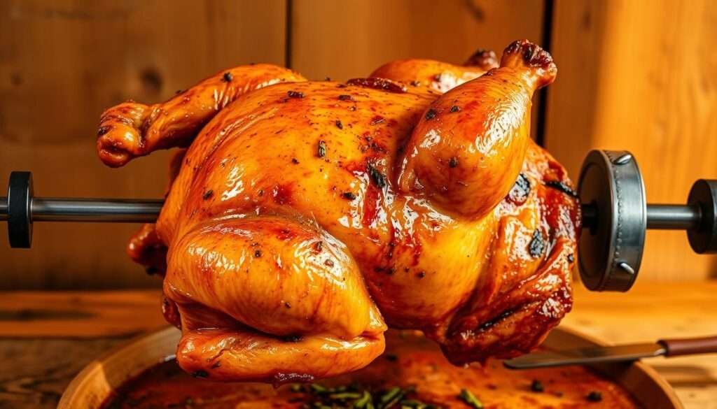 A mouthwatering rotisserie chicken, golden-brown and glistening, rotating slowly on a spit against a warm, rustic backdrop. The tender meat pulls away effortlessly, inviting a hearty, family-style meal. Herbs and spices cling to the skin, lending an aromatic, savory fragrance. The scene is illuminated by soft, natural lighting, casting gentle shadows that accentuate the succulent textures. Wooden surfaces and earthy tones create a cozy, homespun ambiance, perfect for a comforting, kid-approved dinner.