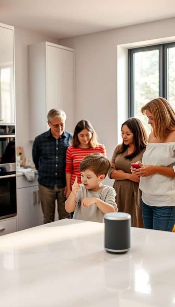A multi-generational family gathered in a modern, minimalist kitchen, interacting with a sleek voice assistant device. In the foreground, a young child eagerly speaks to the device, while their parents and grandparents observe and assist. Soft, natural lighting filters in from large windows, casting a warm glow on the scene. The kitchen is outfitted with state-of-the-art appliances and clean, seamless cabinetry, reflecting the integration of smart technology into the heart of the home. An atmosphere of togetherness and technological integration pervades the image, capturing the redefinition of the kitchen as a hub of modern family life.