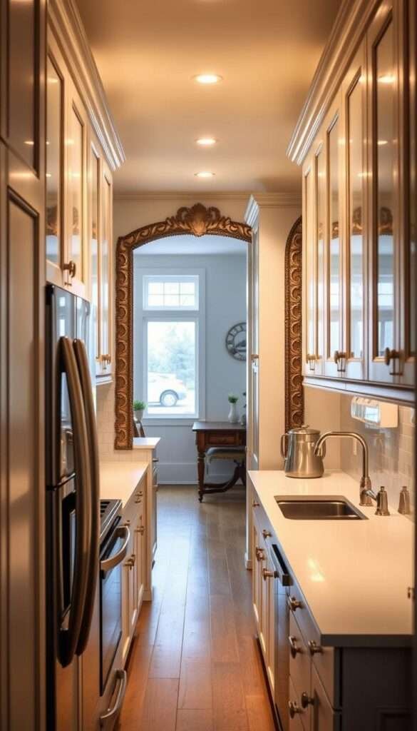 A narrow galley kitchen bathed in warm, soft lighting, featuring an antique mirror backsplash that creates a captivating illusion of depth and spaciousness. The mirror's ornate, vintage frame adds a touch of elegance, reflecting the kitchen's pristine countertops, minimal cabinetry, and subtle lighting fixtures. The backsplash's reflective surface amplifies the sense of openness, making the compact space feel larger and more inviting. A gently distressed finish on the mirror's surface lends an air of timeless charm, seamlessly blending the modern and the traditional. The resulting image conveys the transformative power of a reflective backsplash in a tiny kitchen, doubling its apparent dimensions.