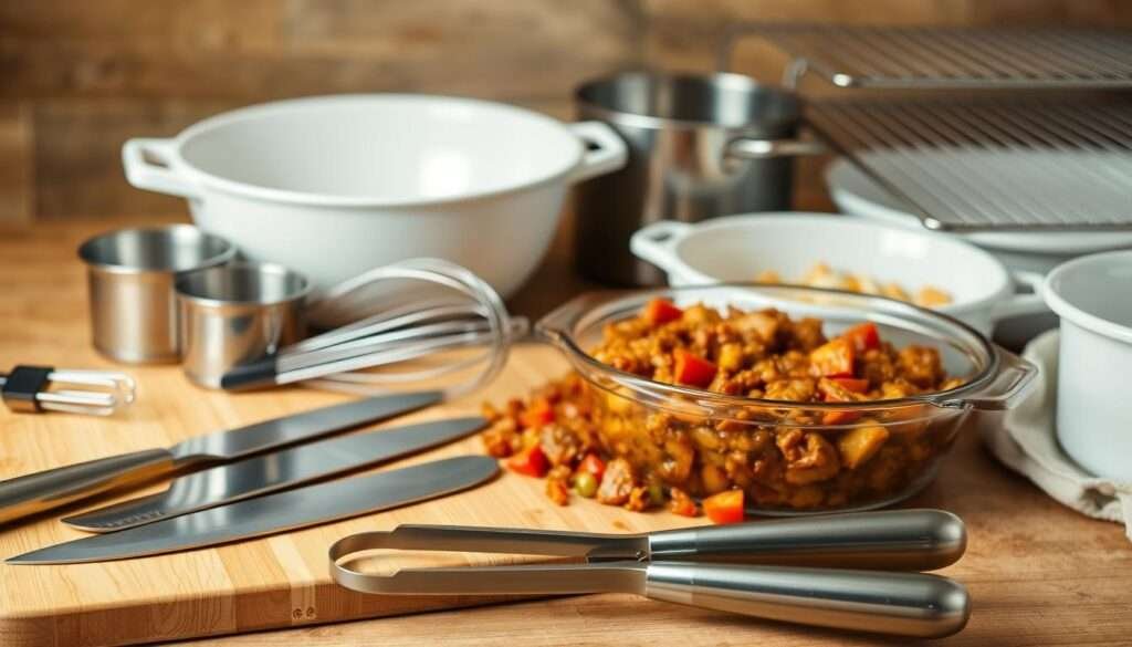 A neatly arranged assortment of kitchen tools for preparing a rich and flavorful casserole dish. In the foreground, a set of sharp stainless steel knives, a wooden cutting board, and a pair of sturdy tongs. In the middle ground, a large mixing bowl, a whisk, and a set of measuring cups and spoons. In the background, a saucepan, a casserole dish, and a wire rack for baking. The scene is illuminated by warm, soft lighting, creating a cozy and inviting atmosphere. The tools are positioned against a backdrop of earthy tones, hinting at the comforting and homemade nature of the dish to come.