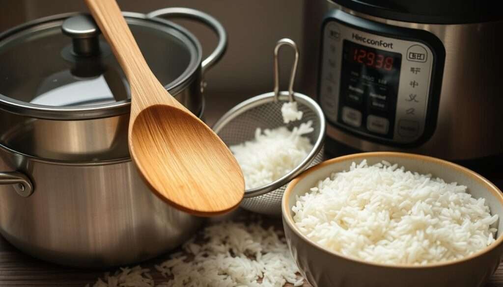 A neatly arranged composition of essential rice cooking tools, including a stainless steel pot with a glass lid, a long-grained wooden spoon, a mesh strainer, a digital rice cooker, and a ceramic bowl filled with freshly cooked, fluffy white rice. The tools are captured in soft, natural lighting with a slight, warm vignette, creating a cozy, inviting atmosphere. The image is shot from a slightly elevated angle, emphasizing the practicality and functionality of the tools, while the rice itself adds a comforting, appetizing element to the scene.