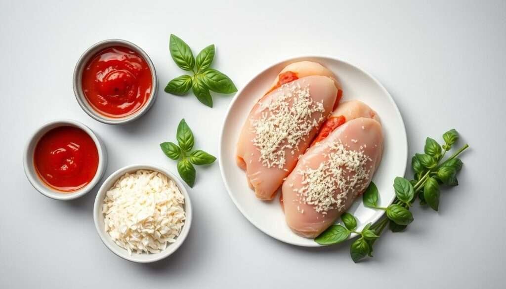 A neatly arranged composition of the key ingredients for baked chicken parmesan: crisp chicken breasts, a shallow bowl of grated Parmesan cheese, a dish of breadcrumbs, a small jar of marinara sauce, and a bundle of fresh basil leaves. The items are set against a clean, neutral background, evenly lit from the side to create defined shadows and highlights, capturing the textures and colors of each element. The overall mood is one of simple, high-quality ingredients ready to be transformed into a delicious and comforting dish.