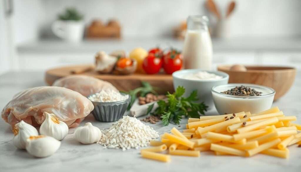 A neatly arranged composition of various ingredients for creamy garlic Parmesan chicken pasta. In the foreground, a table surface showcases the key elements - chicken breasts, fresh garlic cloves, grated Parmesan cheese, heavy cream, and rigatoni pasta. The middle ground features a wooden cutting board with sliced mushrooms, cherry tomatoes, and a sprinkle of dried herbs. In the background, a soft bokeh effect highlights a minimalist kitchen setting with a neutral color palette, providing a clean and appetizing backdrop. The lighting is soft and diffused, creating an inviting atmosphere that emphasizes the textures and colors of the culinary components. Captured with a shallow depth of field to draw the viewer's attention to the star ingredients.
