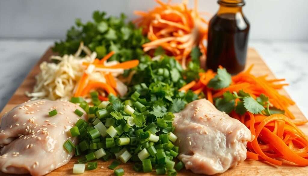 A neatly arranged display of the ingredients for a delectable Bang Bang Chicken Bowl. In the foreground, crisp chicken thighs, sliced scallions, and toasted sesame seeds glisten under warm, directional lighting. In the middle ground, a vibrant array of vegetables including shredded carrots, crunchy cabbage, and fresh cilantro spill across a wooden cutting board. The background features a clean, neutral backdrop, allowing the ingredients to take center stage. The overall composition evokes a sense of culinary precision and anticipation, perfectly capturing the "Exact Ingredients for the Bowls and Sauce" that will make this dish a delight.