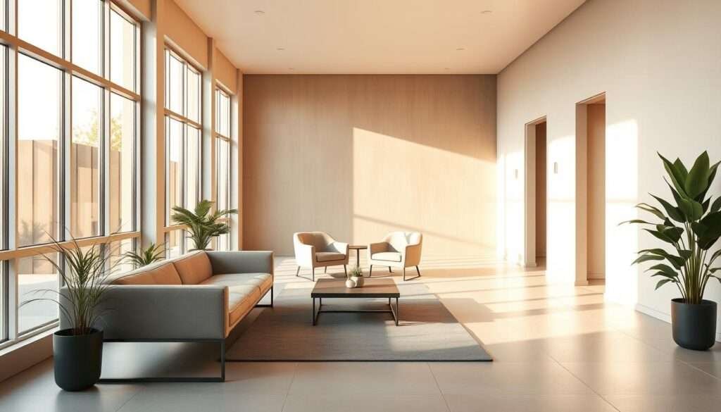 A neatly arranged open walkway, bathed in warm natural light filtering through large windows. In the foreground, a sleek, minimalist bench invites relaxation, its clean lines and neutral tones echoing the overall aesthetic. Strategically placed potted plants add a touch of greenery, while a low-profile coffee table anchors the seating area. The middle ground features a pair of armchairs, their slim silhouettes and muted upholstery complementing the overall minimalist vibe. The background showcases a subtle, textured wall, providing a calming backdrop that accentuates the open, airy feel of the space. The lighting is soft and diffused, creating a serene, inviting atmosphere that encourages flow and relaxation.