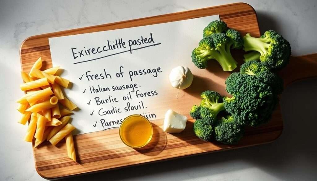 A neatly handwritten list of ingredients on a wooden cutting board, with a soft, natural lighting illuminating the scene. The list should include items such as fresh orecchiette pasta, Italian sausage, broccoli florets, garlic, olive oil, and parmesan cheese, arranged in an organized and visually appealing manner. The background should be a simple, neutral tone, allowing the ingredients to be the focal point. The overall mood should convey a sense of culinary preparation and anticipation, capturing the essence of the "Exact Ingredients You'll Need" section for the article on "Orecchiette with Sausage and Broccoli".