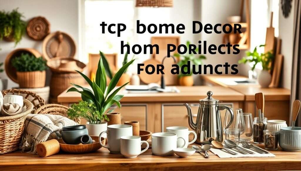 A neatly organized display of top-selling home decor products from Amazon, captured in a warm, inviting lifestyle photograph. In the foreground, an assortment of rustic, boho-inspired accessories - woven baskets, potted plants, and cozy textiles. In the middle ground, a wooden table showcases an array of kitchen essentials - ceramic mugs, a stylish teapot, and a set of gleaming utensils. The background features a minimalist, light-filled interior with natural wood accents and a hint of greenery, creating an aspirational, yet attainable atmosphere. Soft, diffused lighting casts a gentle glow, accentuating the high-quality textures and materials. The composition is balanced and visually appealing, inviting the viewer to imagine how these products could elevate the style and comfort of their own boho-chic kitchen.