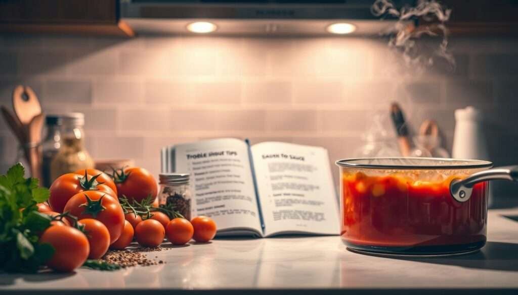 A neatly organized kitchen counter, dimly lit with warm, focused lighting. In the foreground, an array of common cooking ingredients - tomatoes, herbs, spices, and a steaming pot of bubbling Rotel cheese sauce. In the middle, an open cookbook displaying troubleshooting tips for common sauce issues, such as separation, grittiness, or thinness. The background is blurred, drawing the viewer's eye to the problem-solving process unfolding on the counter. The overall mood is one of culinary exploration and problem-solving, with a touch of artistic flair to elevate the practical subject matter.
