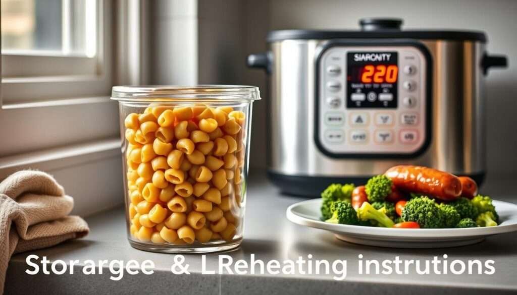 A neatly organized kitchen counter, with a glass container filled with orecchiette pasta and a plate of sausage and broccoli. In the background, a minimalist steel appliance with a digital display, its warm glow indicating the reheating process. Soft, natural lighting from a window bathes the scene, creating a cozy, inviting atmosphere. The composition emphasizes the simplicity and efficiency of meal storage and preparation, reflecting the practical nature of the "Storage & Reheating Instructions" section.