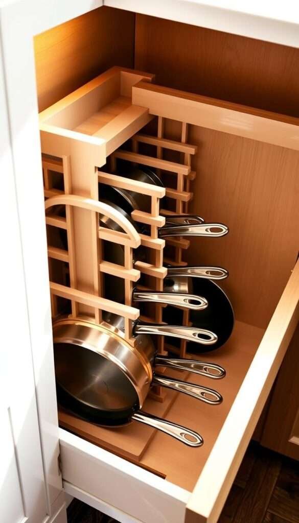 A neatly organized kitchen drawer featuring a vertical pan storage system with intricate dividers. The drawer's interior is illuminated by warm, natural lighting, casting a cozy ambiance. The dividers are precisely crafted, ensuring each pan is snugly tucked away, maximizing the available space. The system's lid design allows for easy access and visibility, making it a practical and efficient storage solution. The overall composition emphasizes the drawer's efficient use of space, showcasing an innovative organizational system that elevates the functionality of a small kitchen.