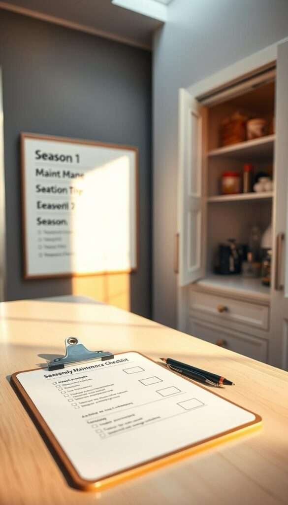 A neatly organized kitchen with a seasonal maintenance schedule laid out on a whiteboard. Warm, natural lighting casts a soft glow, accentuating the clean, minimalist aesthetic. In the foreground, a clipboard with a checklist and a pen rests on a sleek, wooden countertop. The middle ground features the whiteboard, its surface divided into four quadrants, each labeled with a season and corresponding tasks. The background showcases a well-stocked pantry, its contents arranged with precision. The overall atmosphere conveys a sense of efficiency, organization, and a commitment to maintaining a clutter-free kitchen environment.