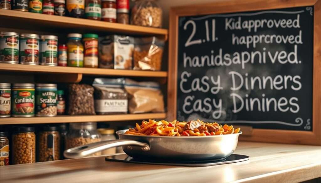 A neatly organized pantry with rows of colorful canned goods, spices, and dried pasta on wooden shelves. In the foreground, a family-size pan sizzles with a savory, aromatic dinner, steam rising from it. The lighting is warm and inviting, casting a golden glow across the scene. In the background, a chalkboard menu board displays the day's "21 Kid Approved Easy Dinners" in whimsical handwritten lettering. The overall atmosphere is one of efficiency, comfort, and the promise of a satisfying, homemade meal on a busy night.