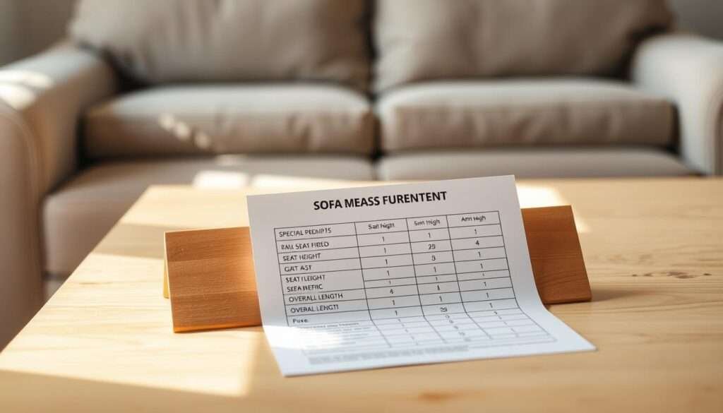 A neatly organized sofa measurement checklist on a clean, well-lit wooden table. The checklist includes specific dimensions like seat depth, seat height, arm height, and overall length, presented in a clear, easy-to-reference format. The background is softly blurred, keeping the focus on the foreground details. The lighting is natural and diffuse, creating a warm, inviting atmosphere. The camera angle is slightly elevated, giving a comprehensive view of the measurement guide. The overall composition is visually balanced and aesthetically pleasing, conveying a sense of practicality and thoughtfulness in the furniture selection process.