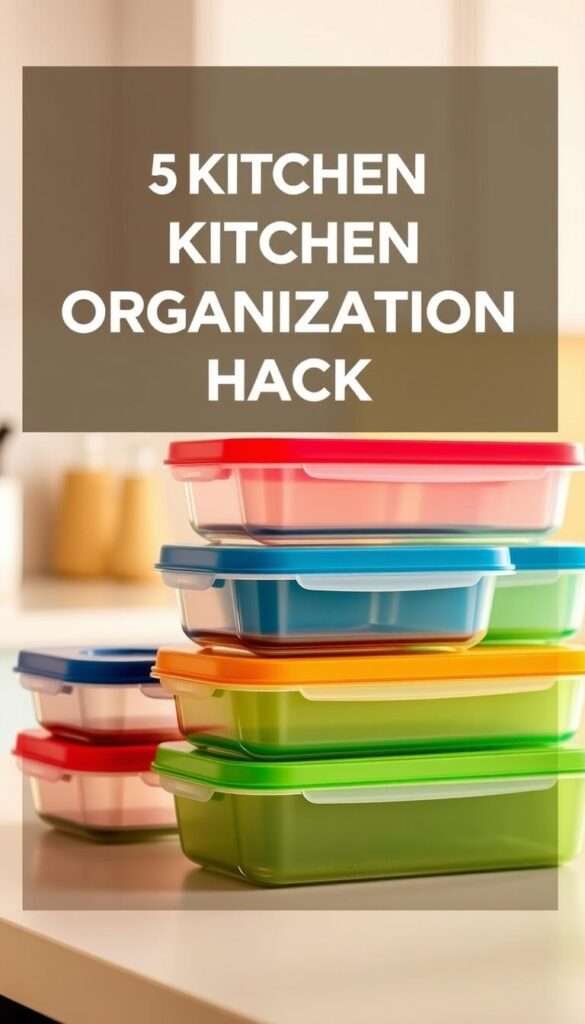 A neatly organized stack of color-coded plastic food containers, their lids in matching hues, sits on a bright, minimalist kitchen counter. Warm, soft lighting casts a gentle glow, highlighting the clean, modern design of the containers. The containers are arranged in a visually pleasing, symmetrical pattern, creating a sense of order and efficiency. The color-coding system, with lids in shades of blue, green, and red, suggests a practical method for separating and identifying different food items. This image conveys a sense of calm, organized productivity - the perfect illustration for a kitchen organization hack focused on stress-free meal prep.