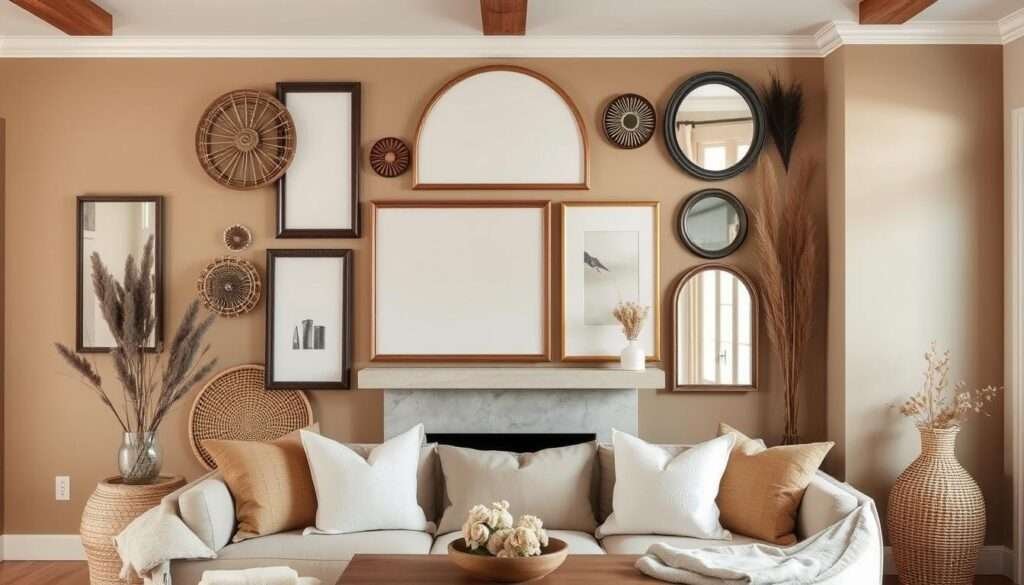 A neutral, curated gallery wall in a rustic farmhouse living room. The wall is finished in a warm, earthy tone, with a mix of framed artwork, vintage mirrors, and natural textures like woven baskets and dried botanicals. The lighting is soft and diffused, creating a cozy, inviting atmosphere. The arrangement of the wall decor feels intentional and harmonious, with a sense of balance and visual interest. The overall aesthetic is one of refined simplicity, evoking a sense of timeless elegance and rustic charm.