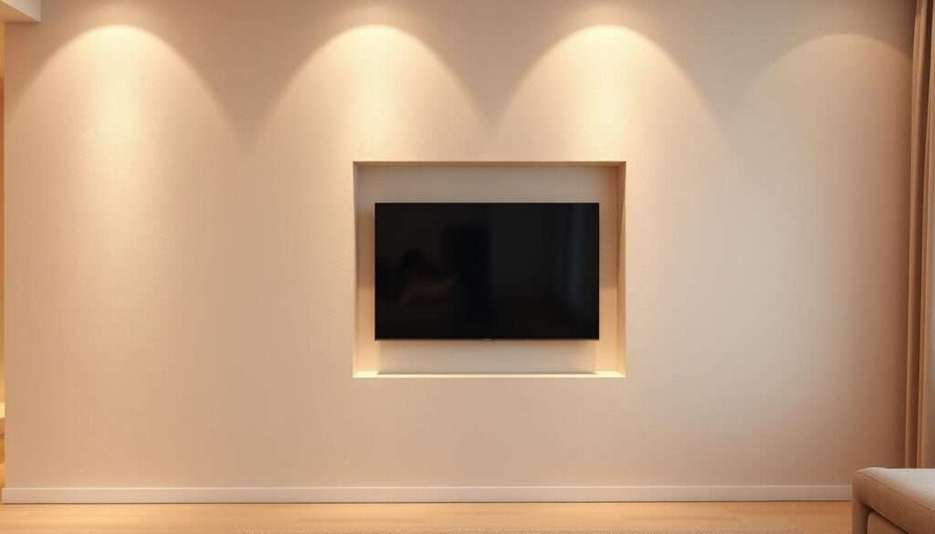 A neutral-toned TV wall with a soft, textured finish, bathed in warm, diffused lighting. The surface has a subtle, tactile quality, gently softening the hard edges of the television screen. The middle ground features a recessed alcove, allowing the TV to sit flush with the wall, creating a seamless, streamlined appearance. In the background, hints of a minimalist living room setting, with clean lines and muted colors, complement the relaxed, sophisticated atmosphere. The overall effect is one of understated elegance, where technology is integrated harmoniously within a calming, natural-inspired environment.
