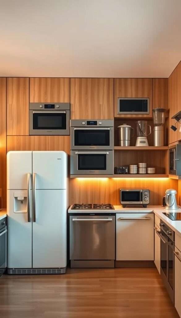 A panoramic view of the evolution of kitchen technology, from traditional appliances to cutting-edge smart devices. In the foreground, a retro refrigerator, stovetop, and mixer stand as reminders of the past. In the middle ground, sleek modern ovens, dishwashers, and blenders exemplify the technological advancements of recent decades. In the background, a showcase of the future - a fully integrated, voice-controlled smart kitchen with touchscreen displays, self-learning algorithms, and wireless connectivity. Warm, natural lighting illuminates the scene, creating an inviting and futuristic atmosphere. The image captures the seamless integration of traditional and modern kitchen technology, reflecting the impact of smart technology in modern small kitchen designs.