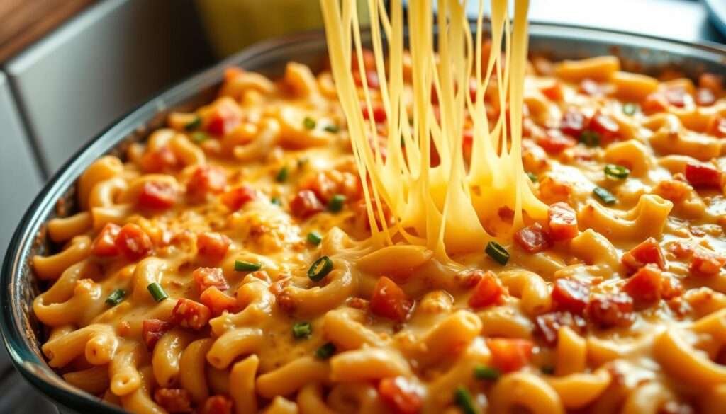 A perfectly baked, cheesy rotel pasta dish, featuring an irresistible combination of tender macaroni, melted cheddar and Monterey Jack cheeses, diced tomatoes with green chiles, and a creamy, savory sauce. The scene is shot in a warm, inviting kitchen setting, with soft, directional lighting highlighting the rich, golden-brown casserole dish fresh from the oven. The pasta is artfully arranged, with just the right amount of gooey, stretchy cheese cascading over the top, creating a mouthwatering visual that perfectly captures the step-by-step instructions for a perfectly cheesy bake.