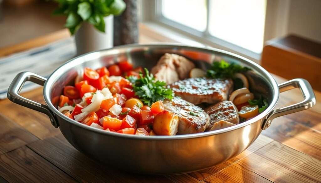 A perfectly balanced tool pan sits atop a rustic wooden table, its gleaming stainless steel surface reflecting the warm, natural light filtering in from a nearby window. The pan is filled with a variety of colorful, fresh ingredients - diced tomatoes, sliced onions, fragrant herbs, and tender cuts of protein - all ready to be transformed into a delicious, family-friendly meal. The pan's broad, sturdy design and comfortable handles suggest its versatility, hinting at its ability to handle everything from sautéing and searing to braising and baking. The overall scene evokes a sense of culinary possibility, a reminder of the importance of having the right tools to craft nourishing, kid-approved dishes with ease.