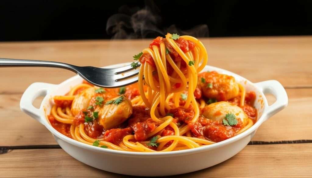 A piping hot casserole dish filled with tender chicken and al dente spaghetti, coated in a rich, creamy, and spicy tomato-based sauce. The spaghetti is perfectly twirled around a fork, revealing the succulent chicken pieces nestled throughout. The dish is garnished with fresh chopped parsley, providing a vibrant pop of color and herbal aroma. Warm, indirect lighting casts a cozy glow, highlighting the smooth, glossy texture of the sauce and the inviting steam rising from the dish. The casserole is framed by a rustic, wooden table against a plain, neutral background, creating a simple, yet appetizing presentation.